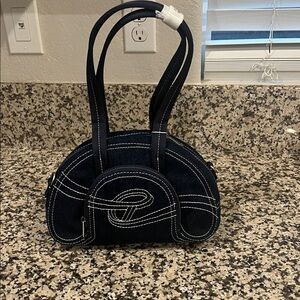 Telfar Denim Shoulder Bag with White Stitching